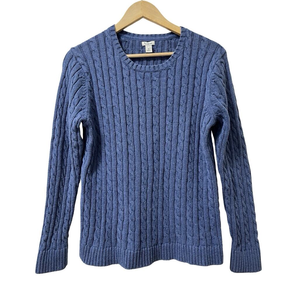 LL Bean Womens Cable Knit Cotton Crew Neck Sweater Size XL Blue Preppy Fisherman